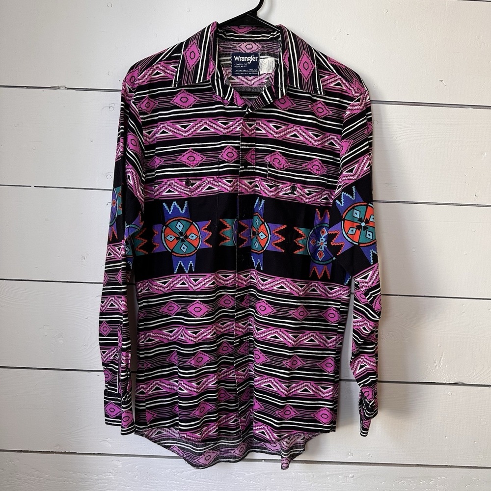 Vtg 90s Wrangler Cowboy Cut Shirt 15.5-34 Purple Aztec Geometric Western‎ USA M